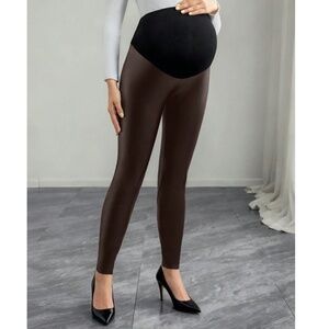 Maternity Solid Vegan Leather Stretchy Wide Waist Matte Leggings
